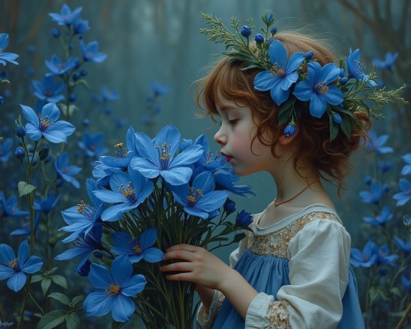 Young girl in blue dress with bouquet in misty forest