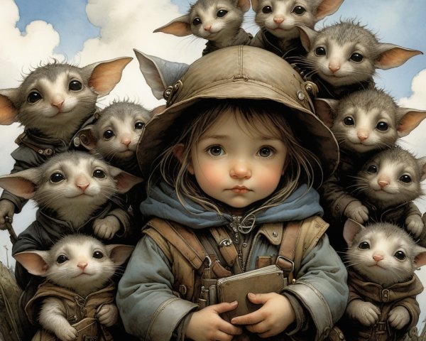 Child in Blue Hoodie Surrounded by Playful Creatures