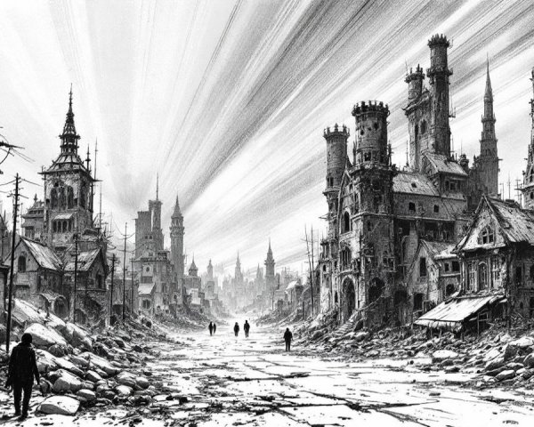 Desolate Urban Landscape with Gothic Ruins and Debris