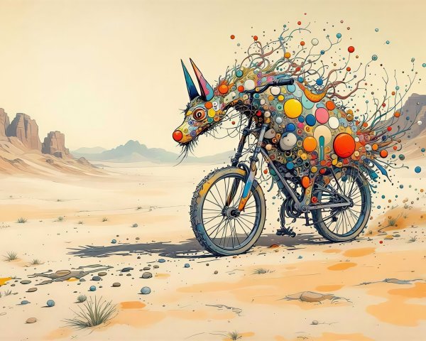 Colorful creature illustration in a desert landscape