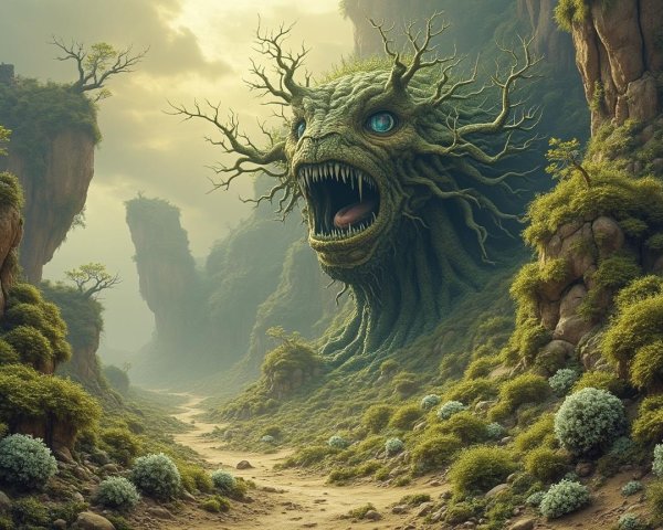 Colossal Tree Creature in a Misty Valley Setting