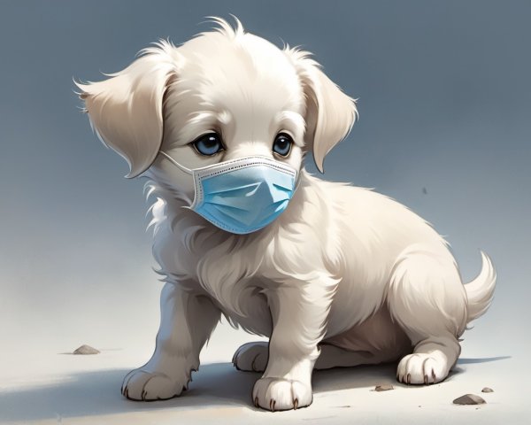 Fluffy White Puppy with Blue Eyes in Face Mask Outdoors