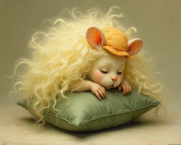 Whimsical Doll with Curly Blonde Hair on Green Pillow