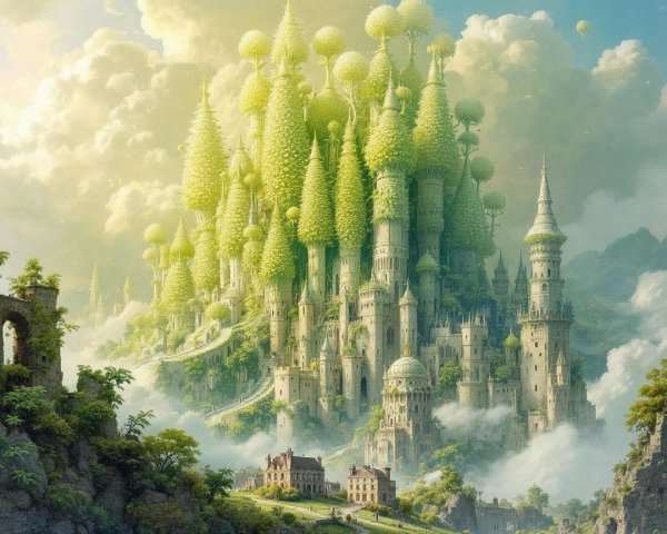 Fantastical castle in a lush, magical landscape