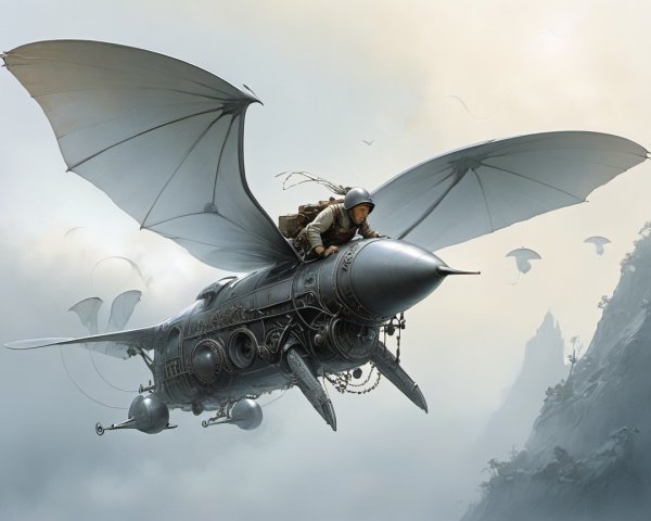 Steampunk Adventurer in Flying Machine with Wings