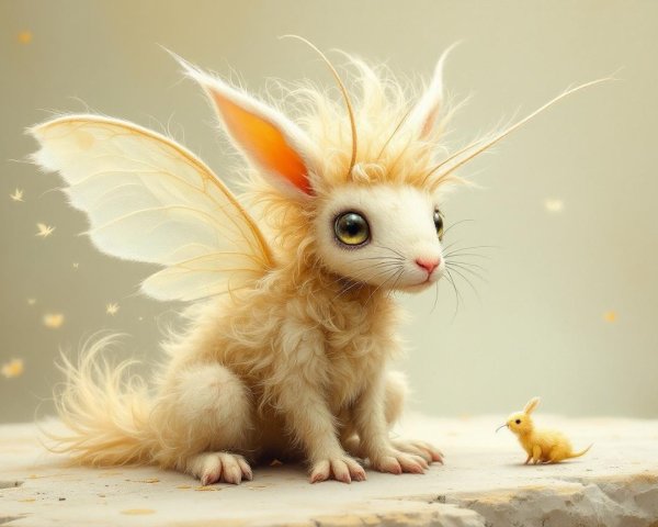 Whimsical creature with fluffy fur and butterfly wings