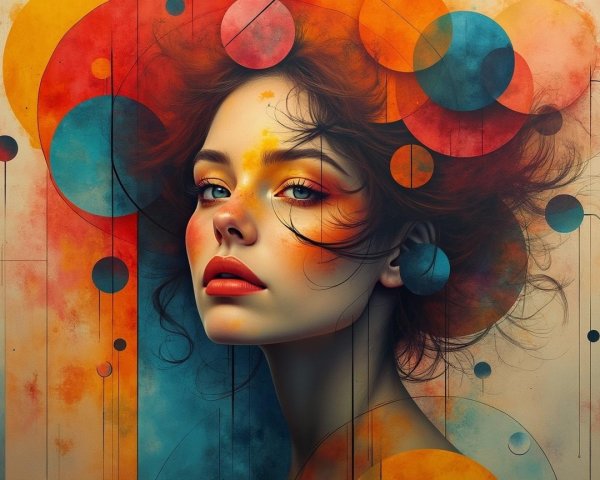 Vibrant Portrait of Woman with Abstract Shapes and Colors