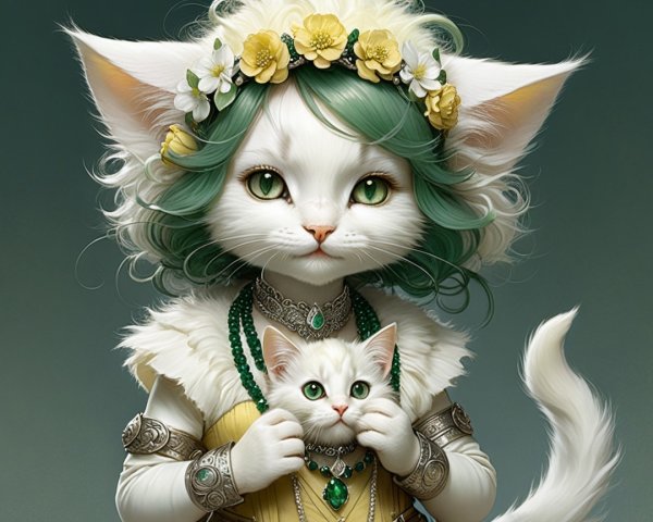 Whimsical Cat Portrait with Floral Crown and Kitten