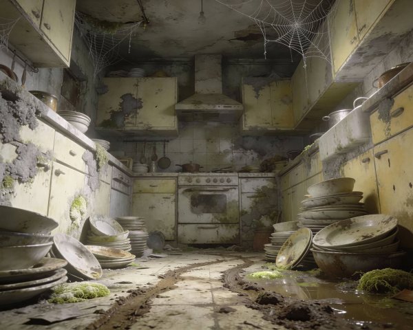 Abandoned Kitchen Overgrown with Dirt and Fungi
