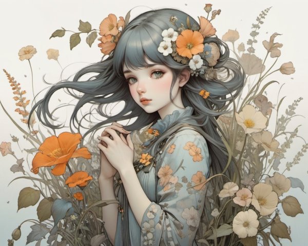 Serene Woman with Blue Hair Surrounded by Flowers