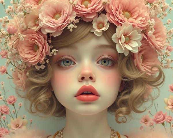 Portrait of a Young Girl with Floral Crown and Pastels