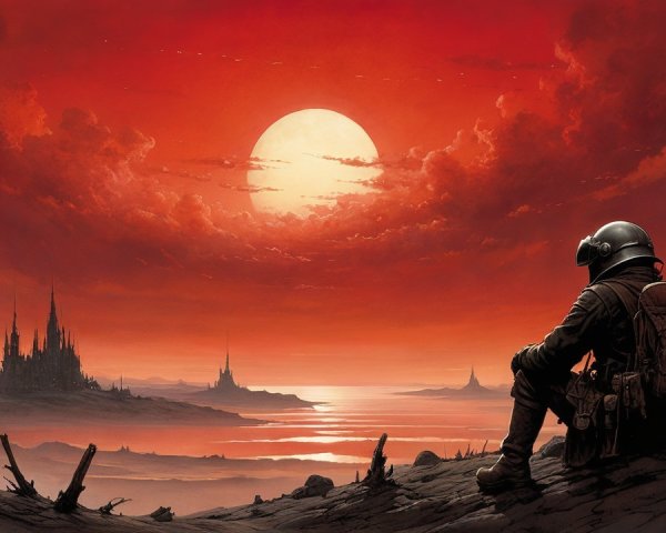 Futuristic figure in desolate landscape at sunset