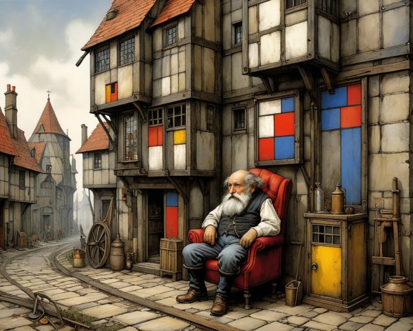 Elderly Man in Red Chair on Quaint Cobblestone Street