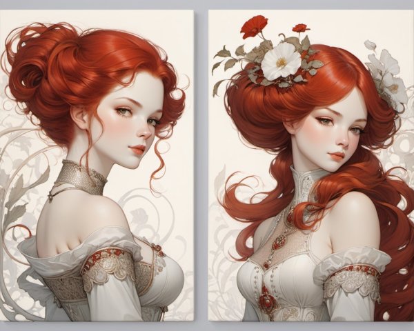 Portraits of a Young Woman with Red Hair and Dress