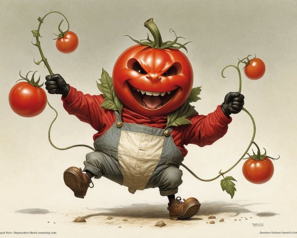 Whimsical Tomato Character in Colorful Overalls
