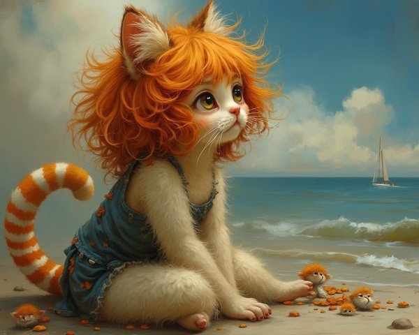 Whimsical Kitten by the Shore with Sea Creatures