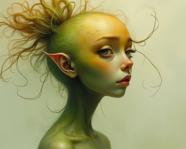 Surreal portrait of a young figure with greenish skin