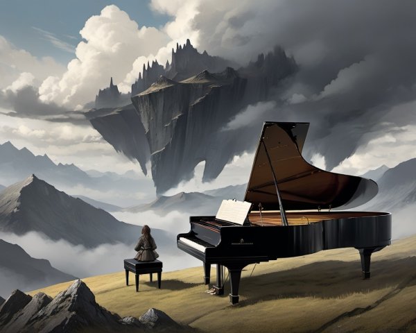 Solitary Figure at Piano in Misty Mountain Landscape