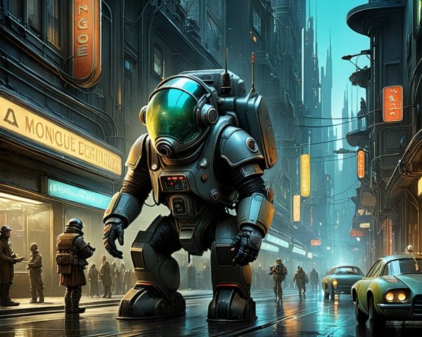 Futuristic cityscape with a towering robot and neon lights