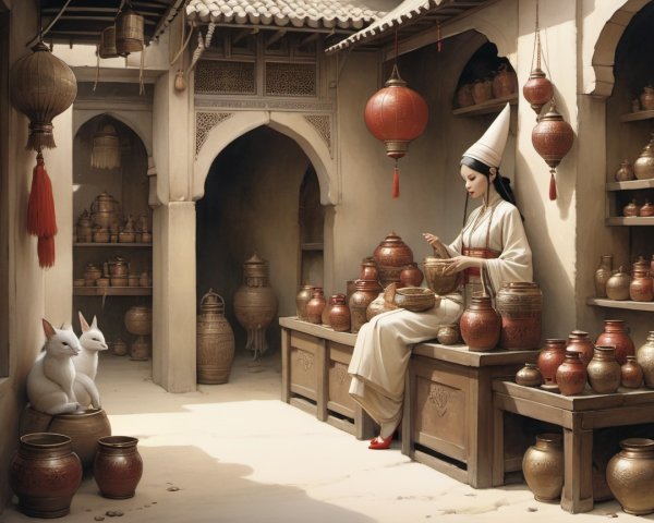 Traditional Pottery Crafting in a Sunlit Marketplace