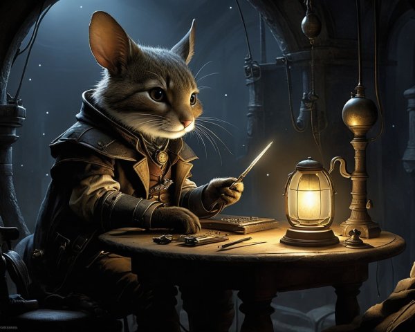 Anthropomorphic cat in leather coat at wooden table