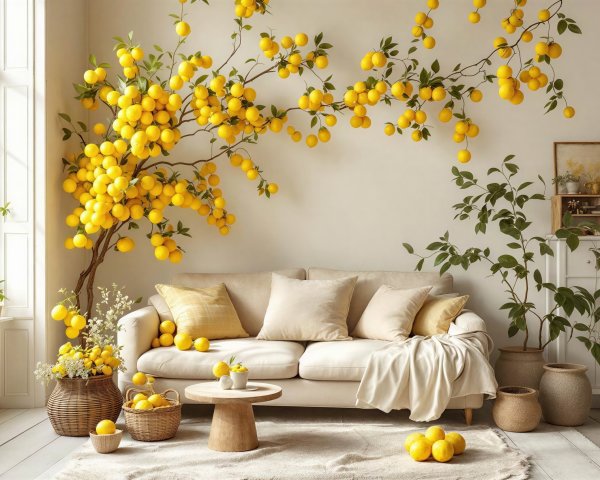Light and Airy Living Room with Beige Sofa and Plants