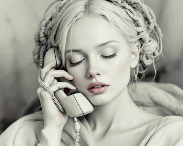 Serene Woman with Vintage Telephone in Monochrome