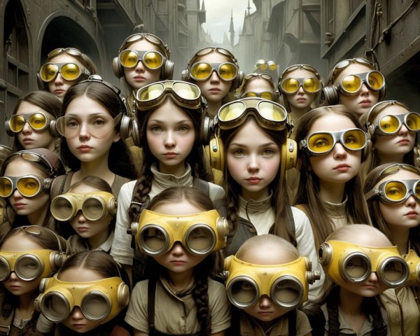 Young Girls in Yellow Goggles in Steampunk Setting