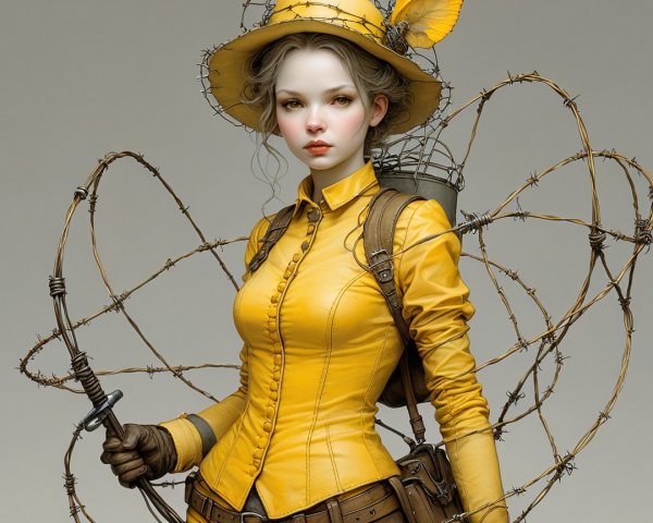 Young woman in yellow leather outfit and wide-brimmed hat