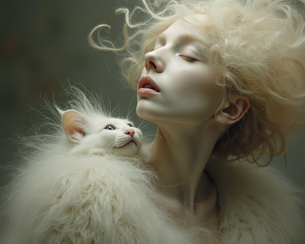 Serene Portrait of Woman with Fluffy Cat and Calm Aura