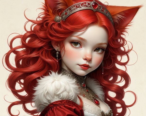 Fantastical character with red hair and fox-like ears