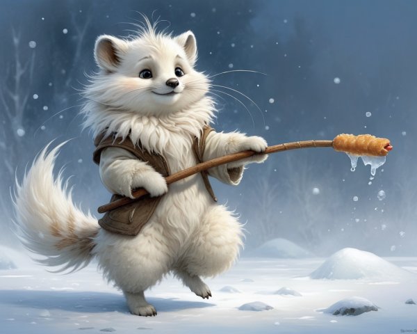 Cartoon Arctic Fox in Snowy Landscape with Treat