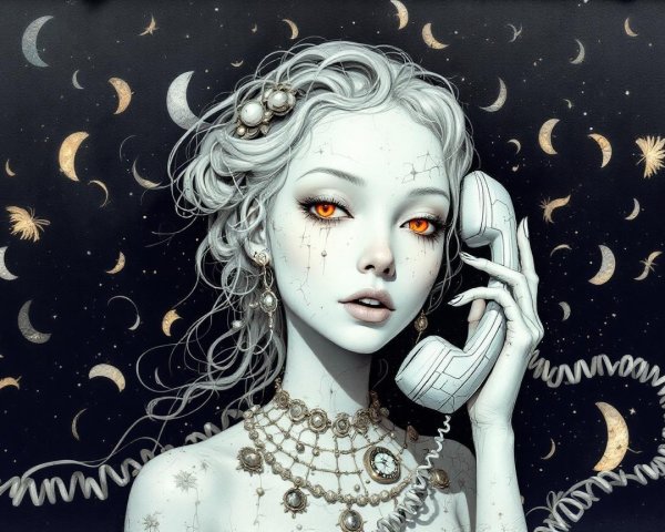 Ethereal Woman with Orange Eyes and Vintage Telephone