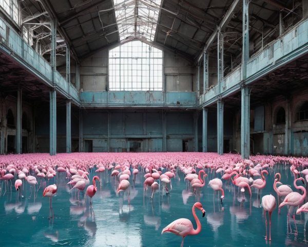 Flamingos in an Abandoned Warehouse with Blue Water