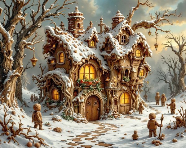Gingerbread House in a Snowy Fantasy Landscape