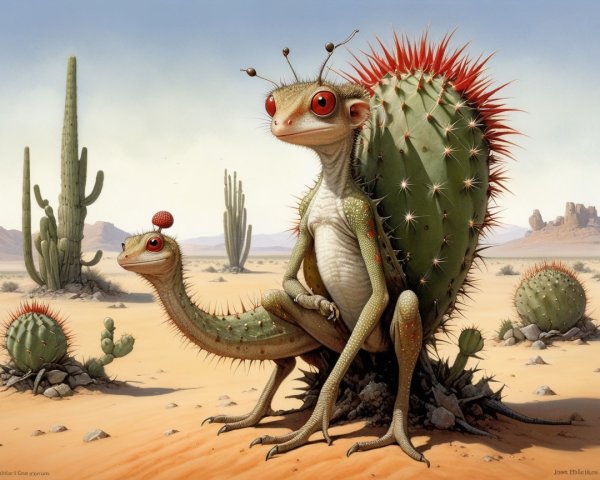 Surreal Desert Scene with Cactus-Like Creatures