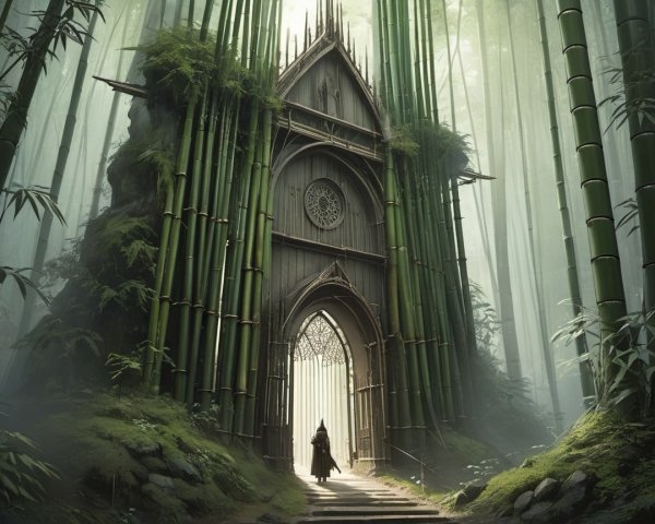 Gothic Structure in a Bamboo Forest with Shadows
