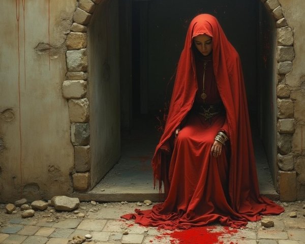 Solitary Figure in Red Cloak Among Ancient Stones