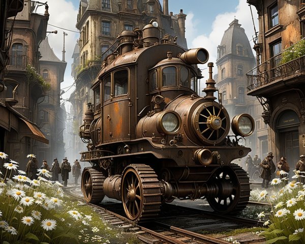 Steampunk City with Rusted Locomotive and Victorian Architecture