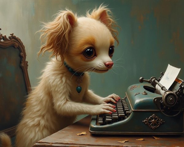 Whimsical Dog Illustration at Antique Typewriter