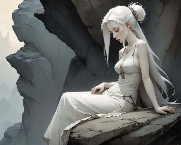Serene figure in white gown on rocky ledge with mountains