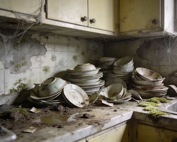 Old Kitchen Counter with Dirty Dishes and Mold