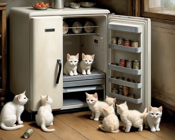 Vintage Fridge with Kittens in a Quaint Kitchen Scene