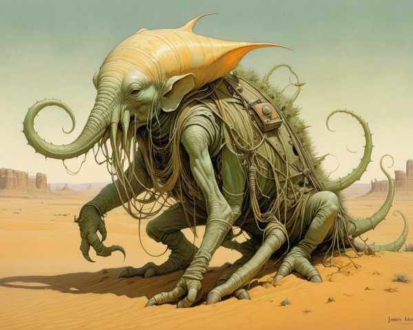 Fantastical Creature in Desert Landscape with Unique Features