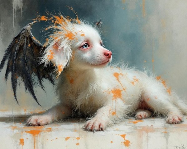 Digital painting of a fluffy puppy demon with wing