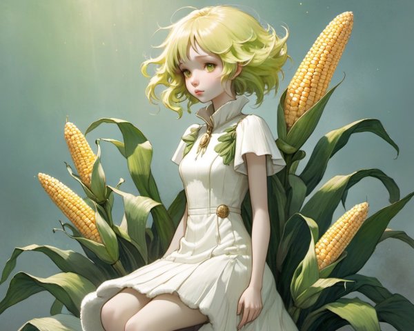 Whimsical Illustration of Girl Among Vibrant Corn Stalks
