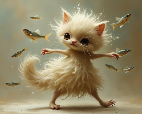 Whimsical Kitten Dancing with Swirling Fish