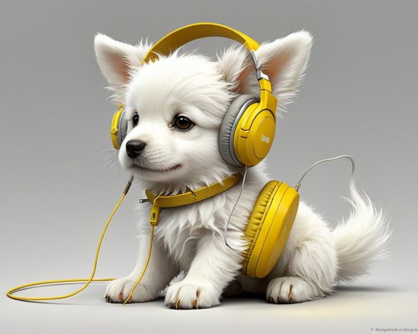 Fluffy White Puppy with Yellow Headphones and Harness