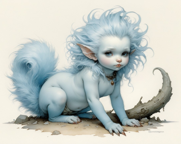Whimsical Creature with Blue Fur and Expressive Eyes