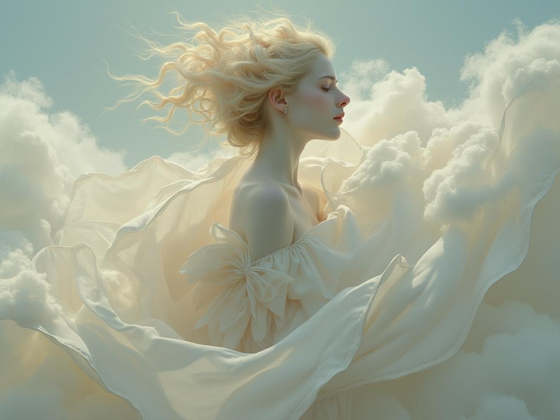 Ethereal Figure in Soft Clouds with Flowing Gown